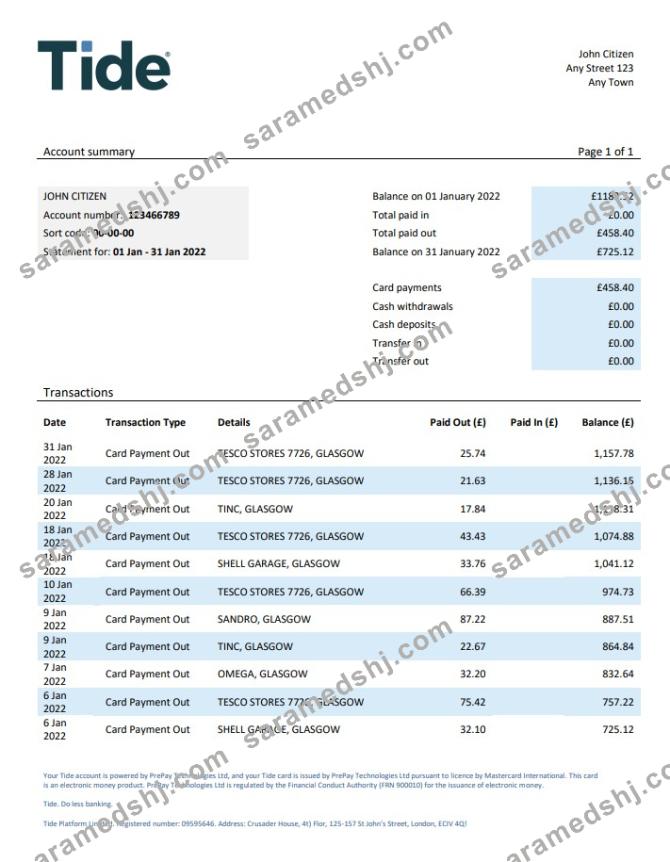 United Kingdom Tide bank statement, Word and PDF template